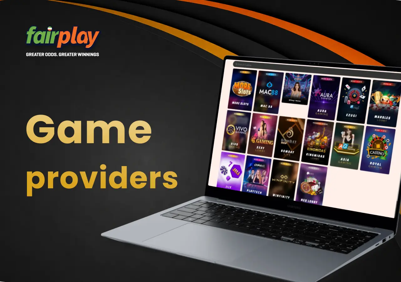 Casino game providers and software partners featured on the Fairplay platform, shown on a laptop.