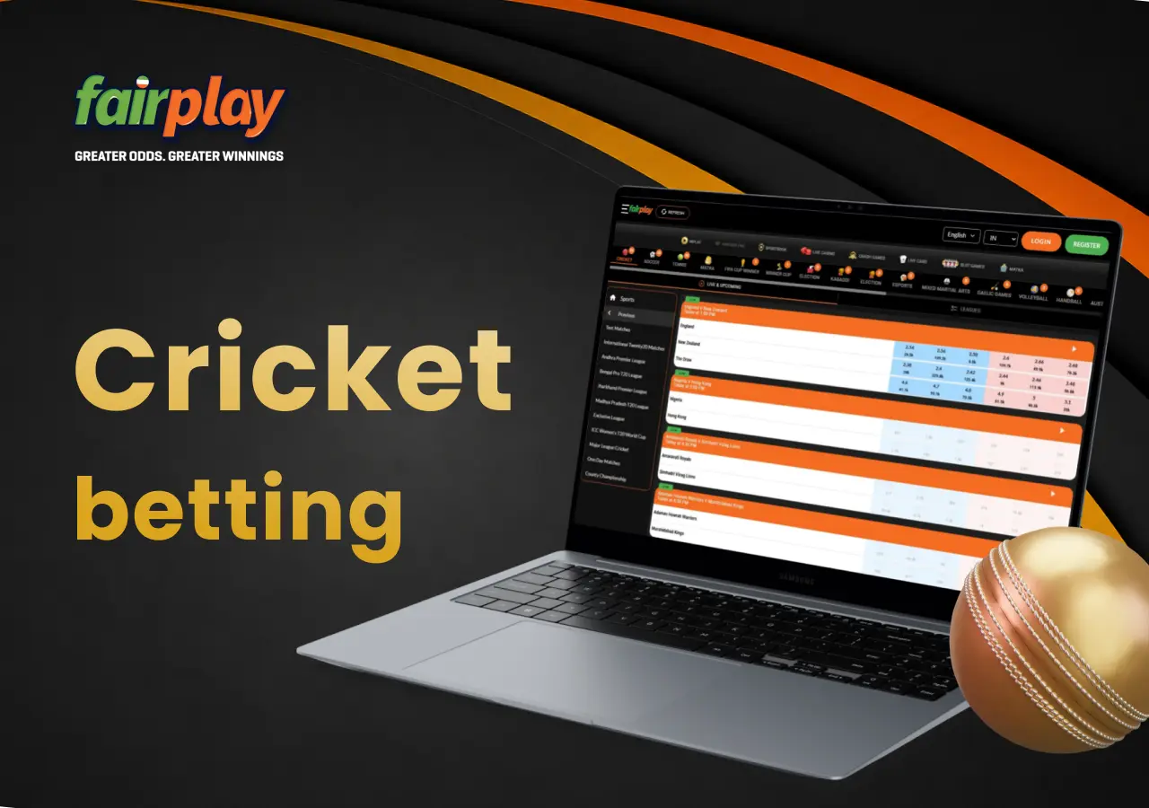 Cricket betting options on Fairplay shown on a laptop, with a cricket ball next to the screen.