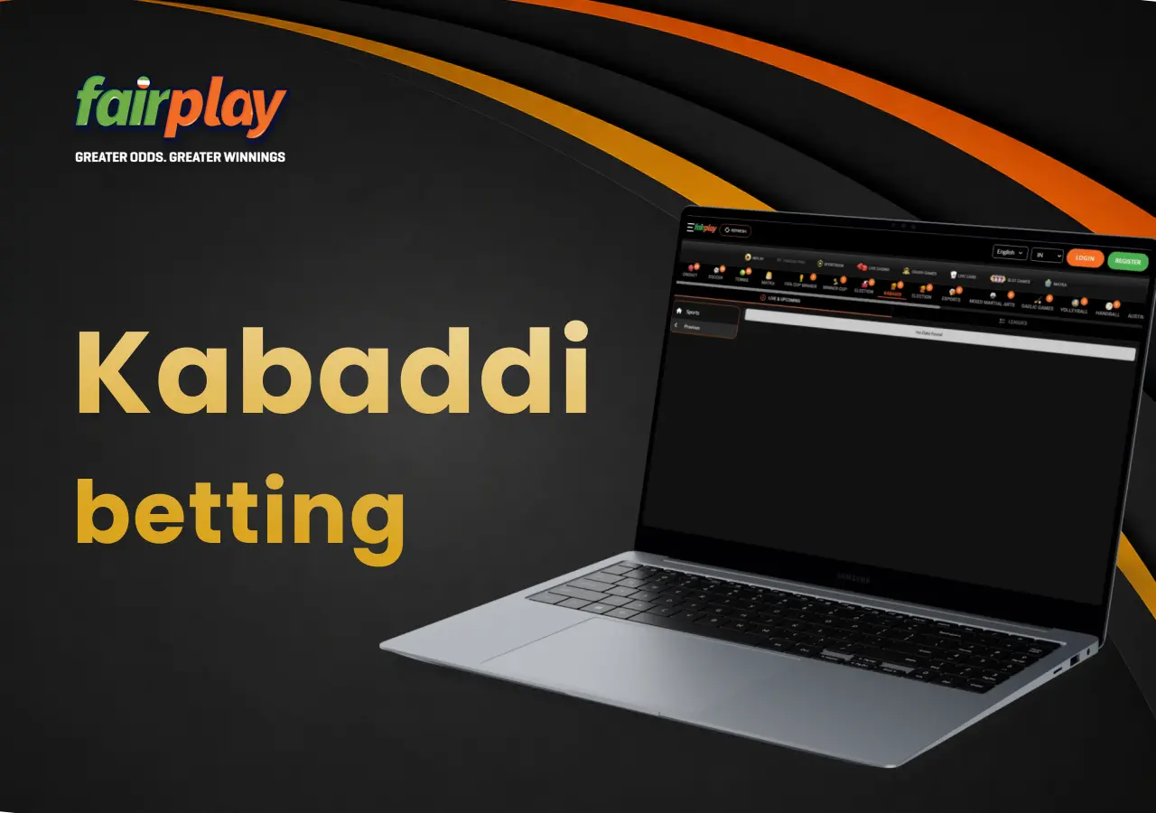 Kabaddi betting page on FairPlay open on a laptop, listing the match betting options.