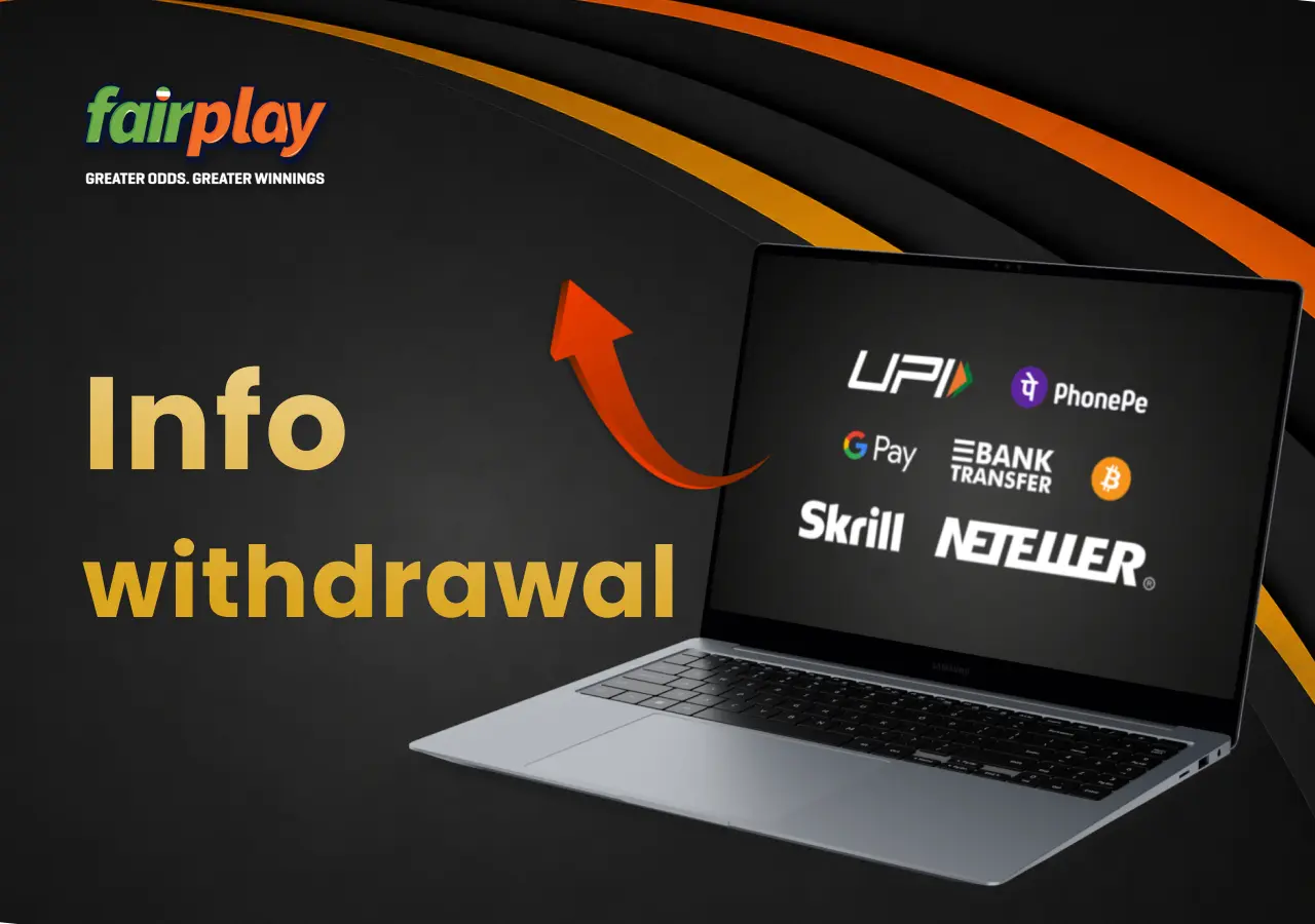 Laptop showing the FairPlay withdrawal methods page, with an arrow pointing to the options.