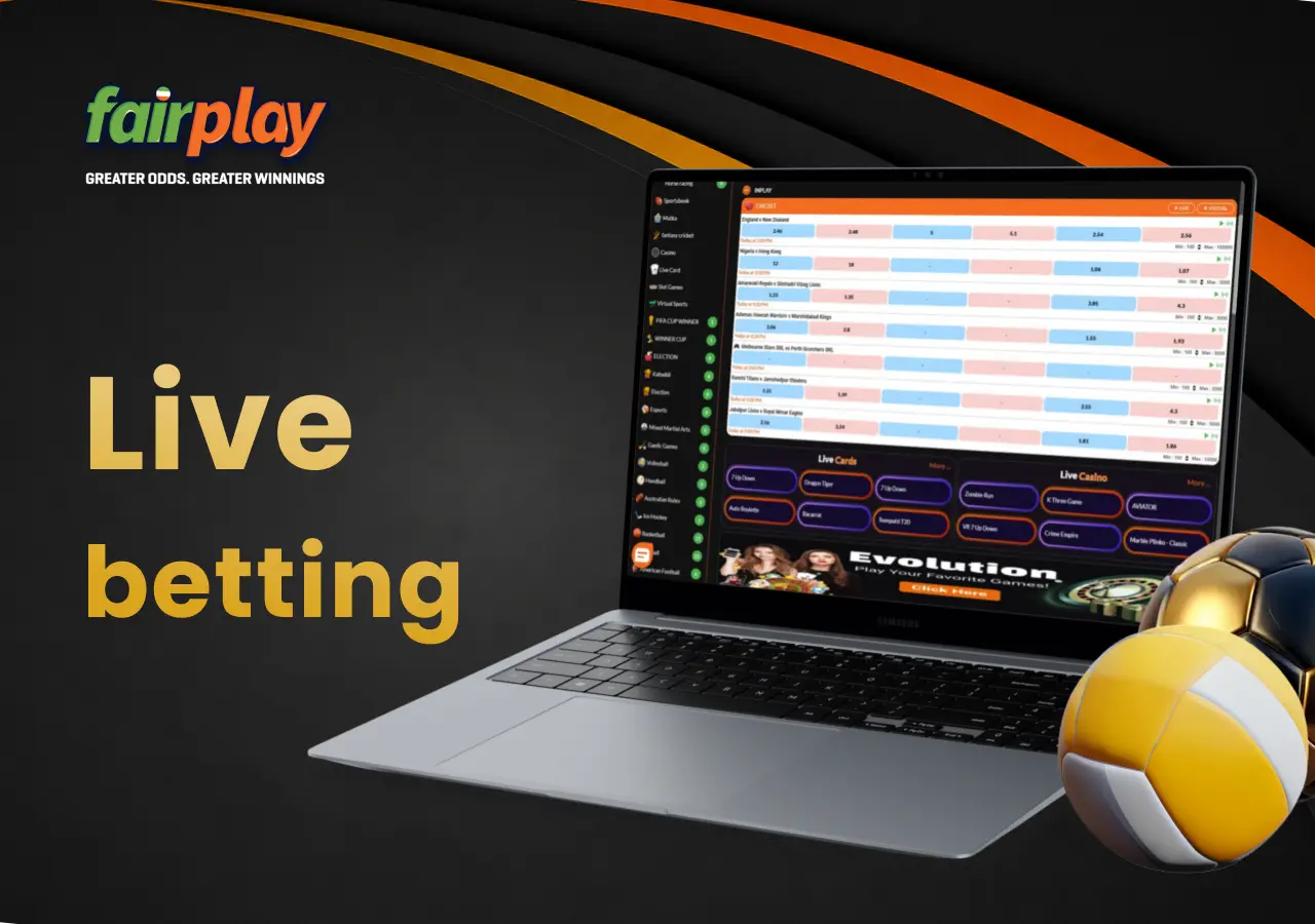 Live sports betting section of FairPlay on a laptop, with a football and volleyballs beside it.