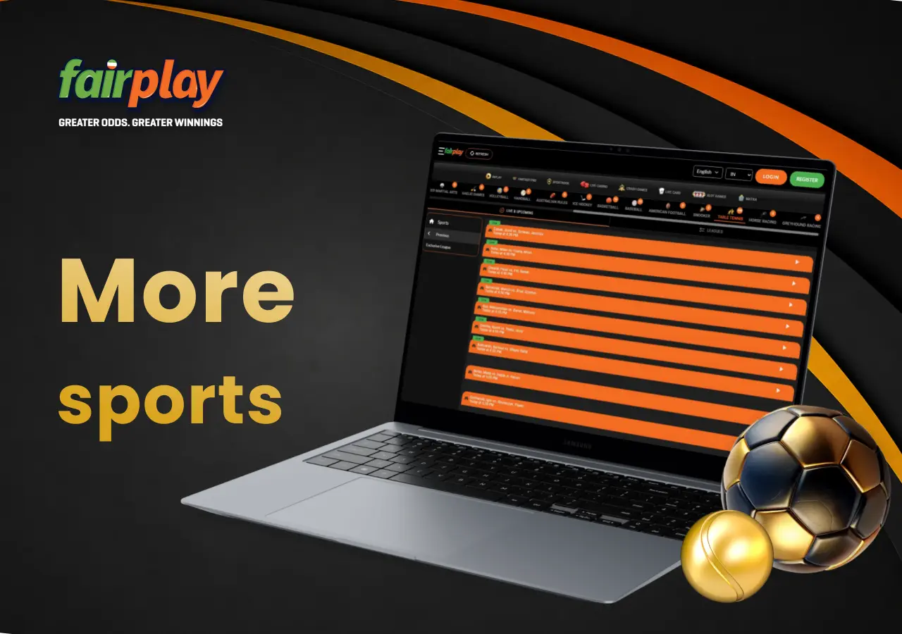 More sports betting categories on a laptop, with a football and tennis balls close by.