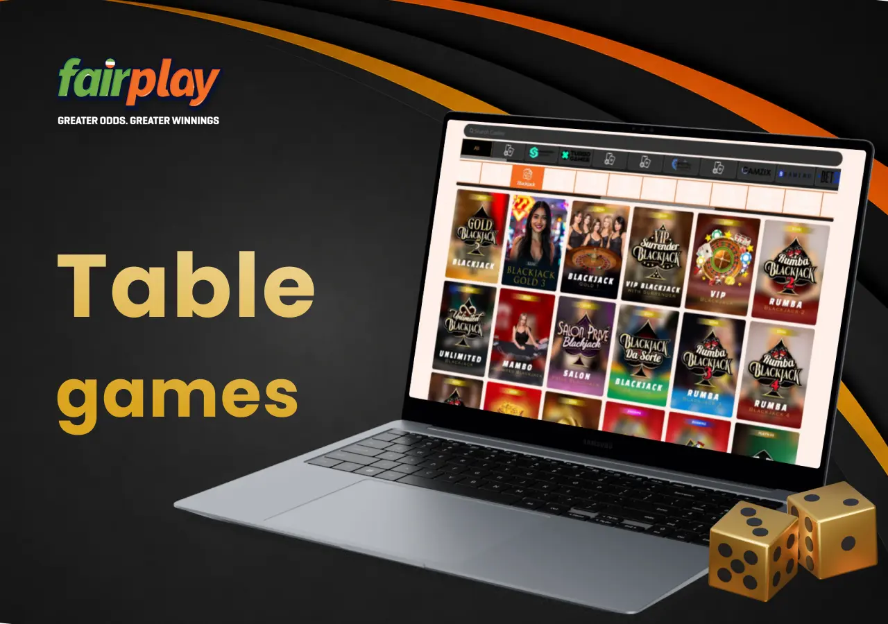 Selection of Fairplay table games on a laptop, with dice next to the screen.